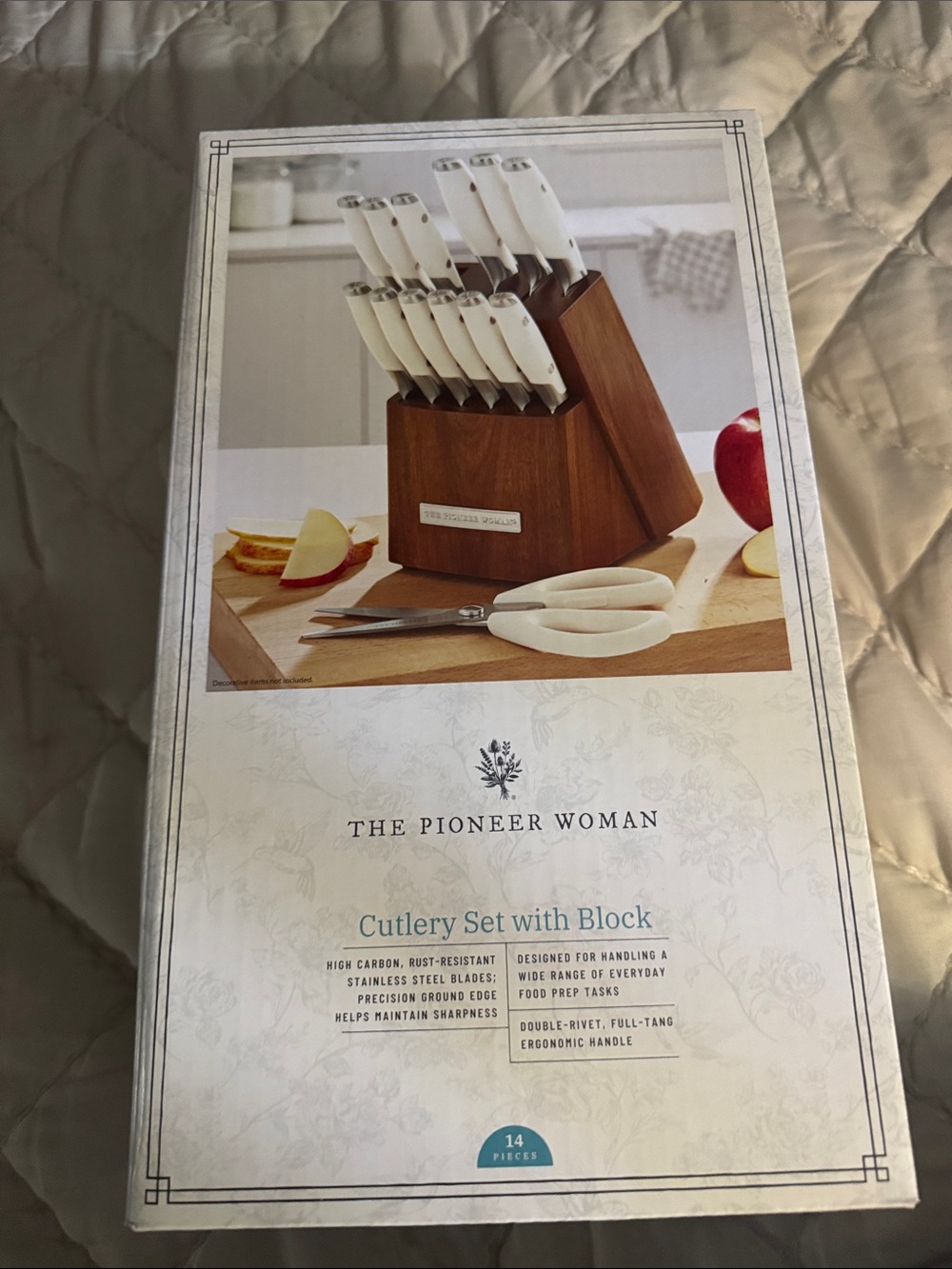 The Pioneer Woman White Handle 14-Piece Cutlery Set with Wood Block